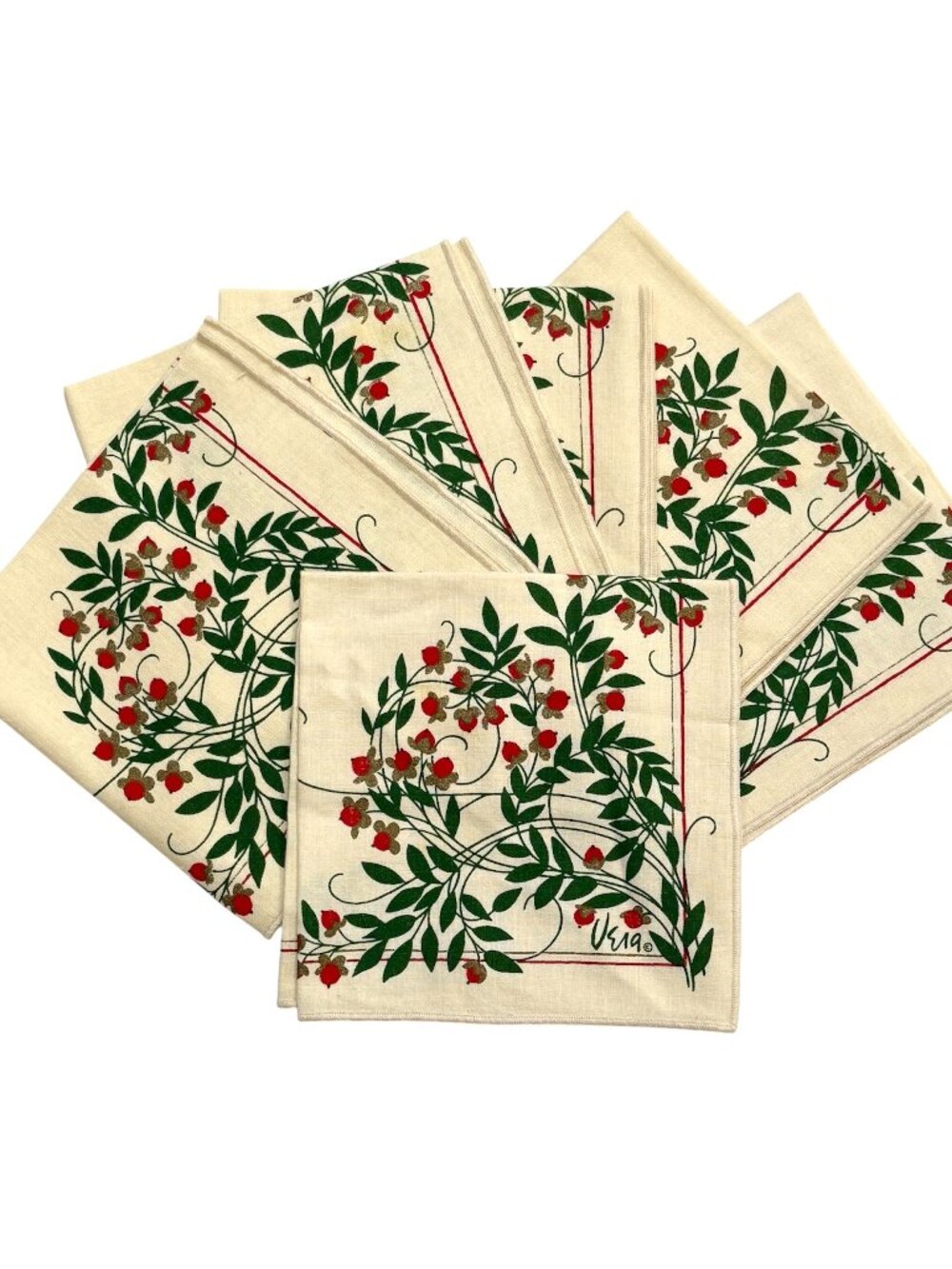 Vintage Vera Neumann Cloth Napkins Christmas Holly Berry - Set of 6